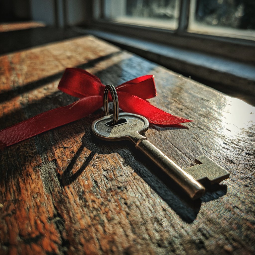 A key and a red ribbon a table | Source: Midjourney