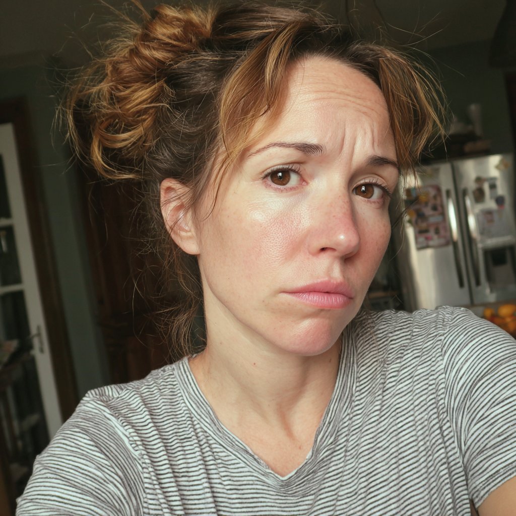 An exhausted woman with a messy bun | Source: Midjourney