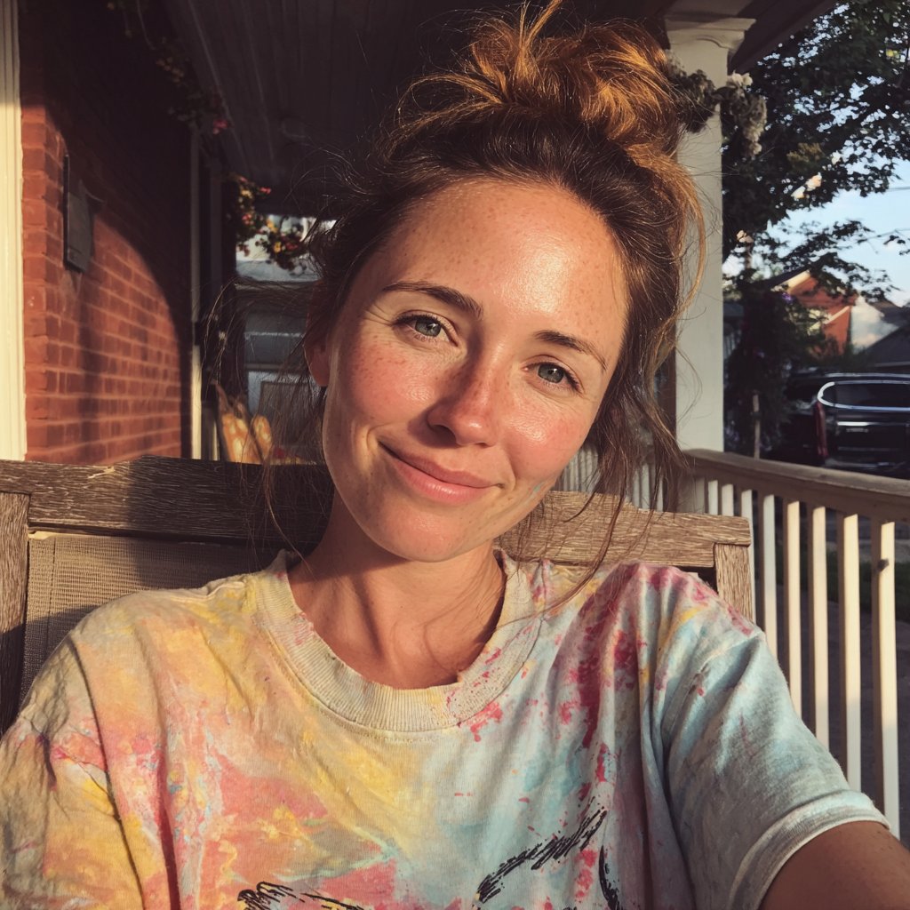 A smiling woman sitting on a porch | Source: Midjourney