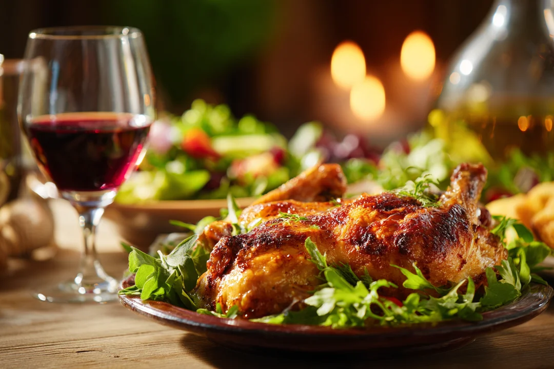 Roasted chicken served with salad and red wine on a dinner table | Source: Midjourney
