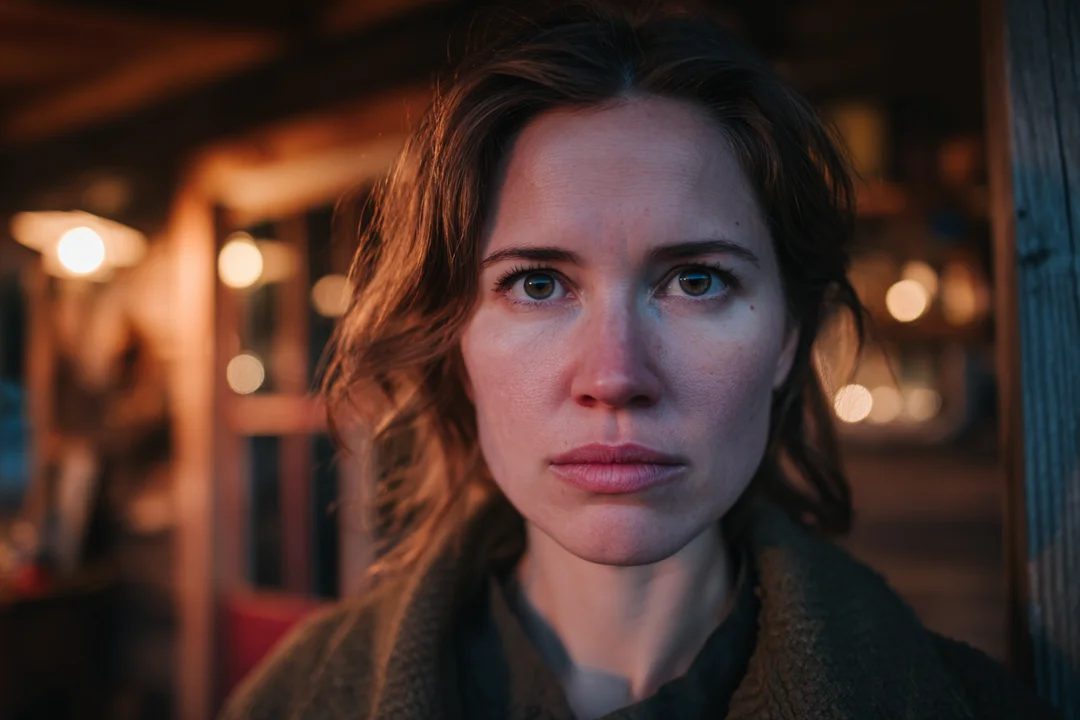 A woman with a serious facial expression standing in a cabin | Source: Midjourney