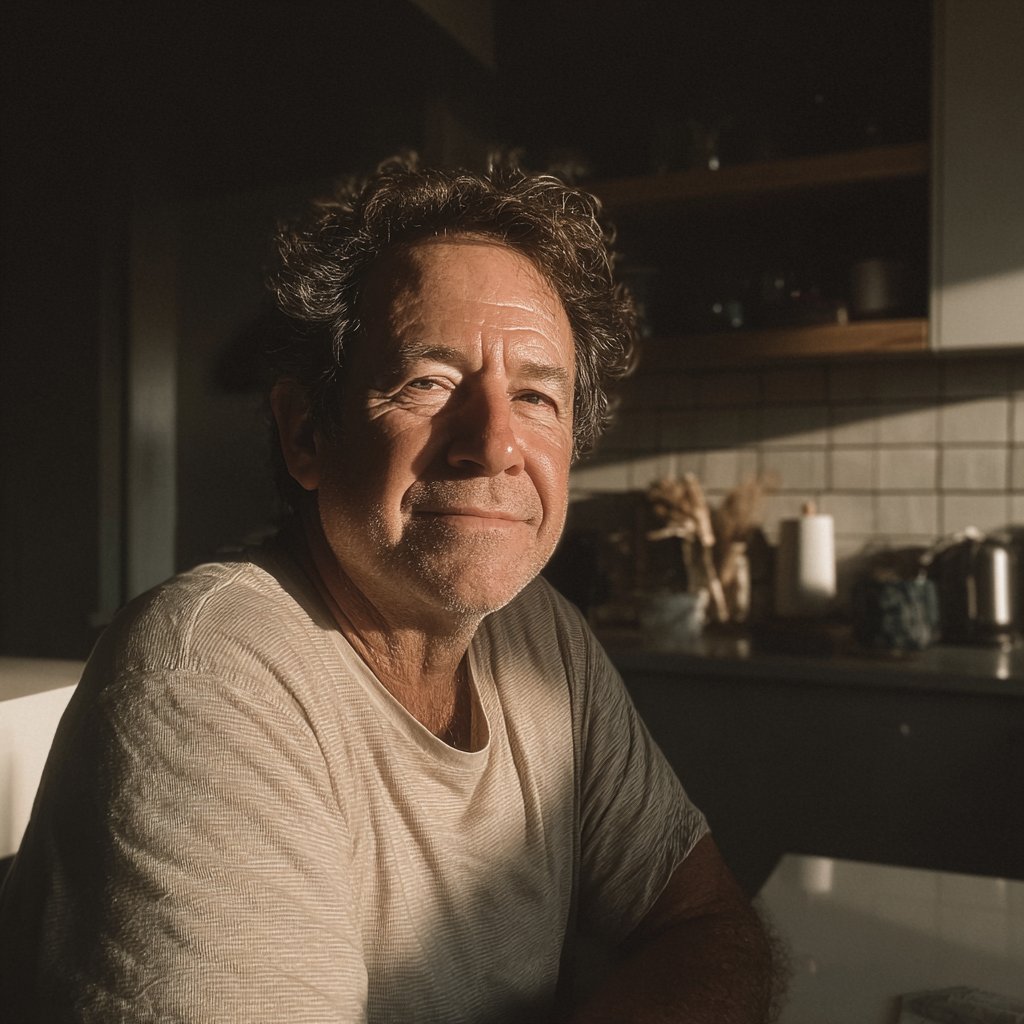 A smiling man sitting at a kitchen table | Source: Midjourney