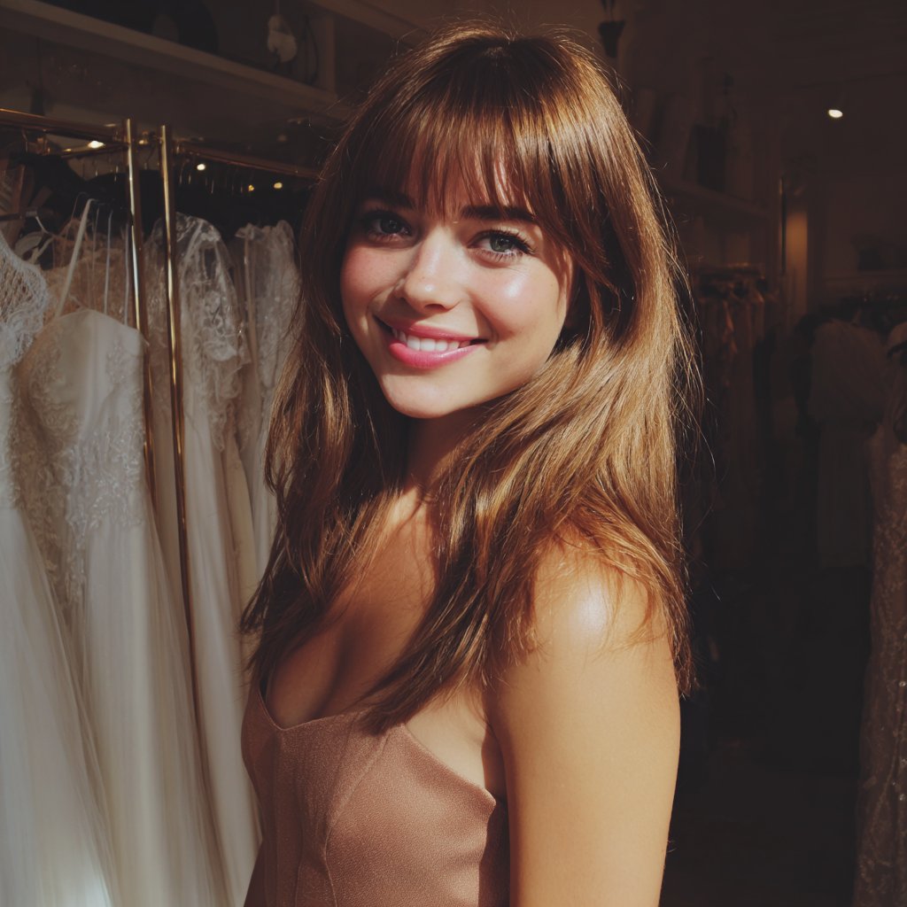 A young woman standing in a wedding dress boutique | Source: Midjourney
