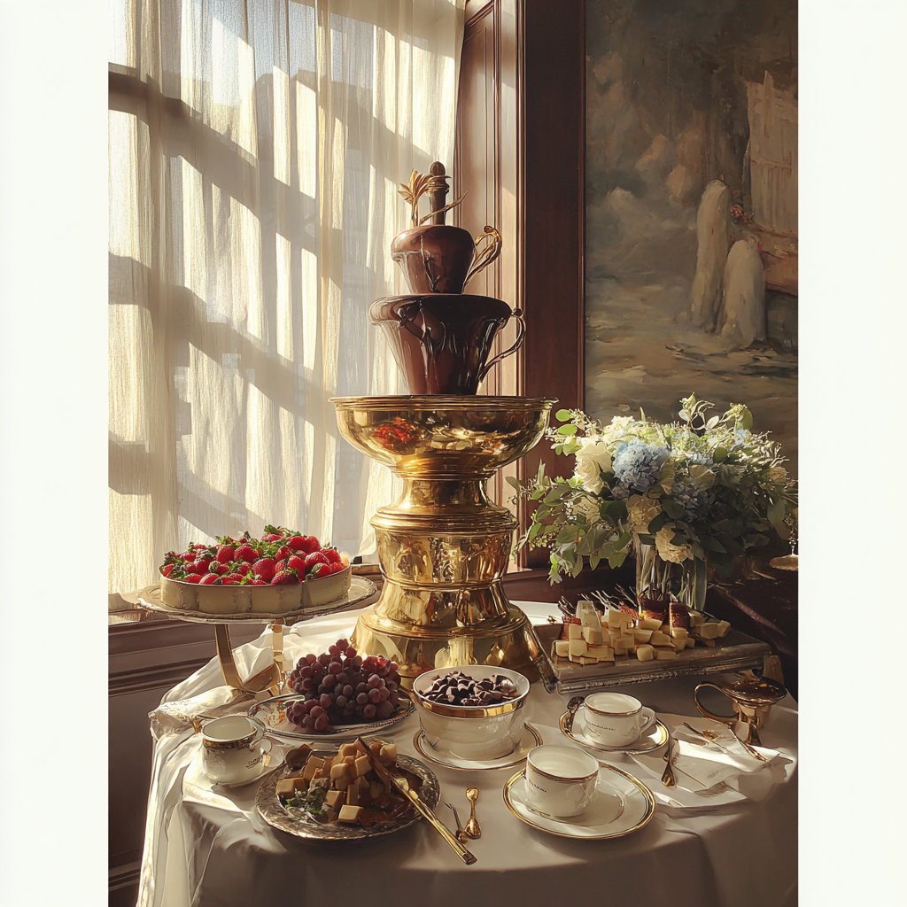 A chocolate fountain at a wedding | Source: Midjourney