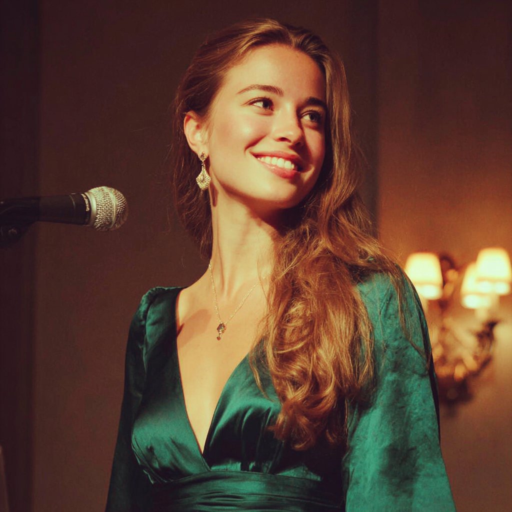 A smiling woman standing in front of a microphone | Source: Midjourney