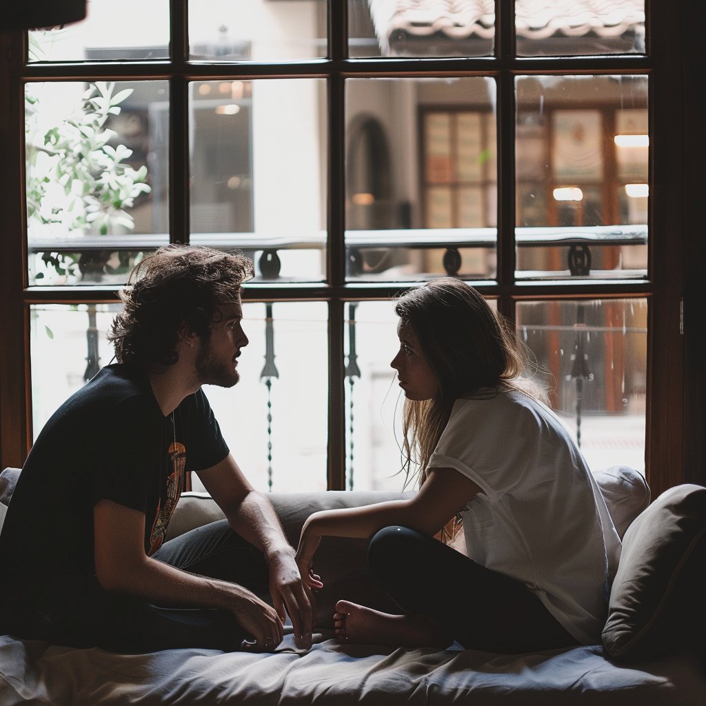 A couple sitting on a couch and talking | Source: Midjourney