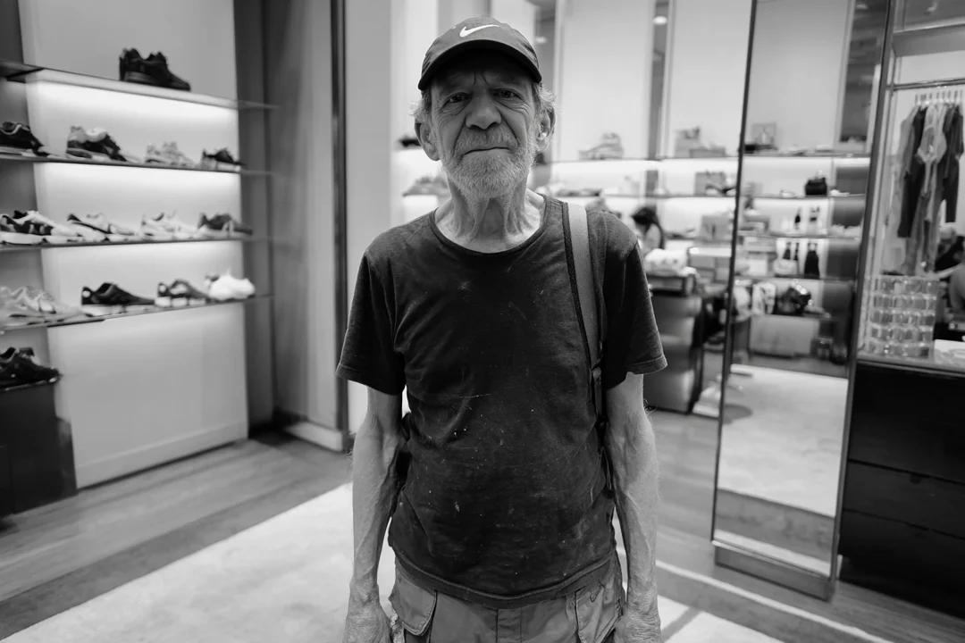 Grayscale photo of an elderly man standing in a shoe store | Source: Midjourney