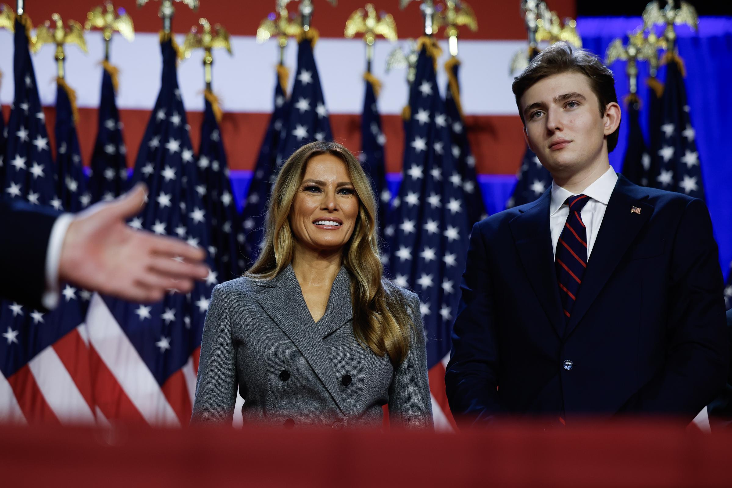 U.S. First Lady Melania Trump and Barron Trump during an election night event in West Palm Beach, Florida on November 6, 2024. | Source: Getty Images