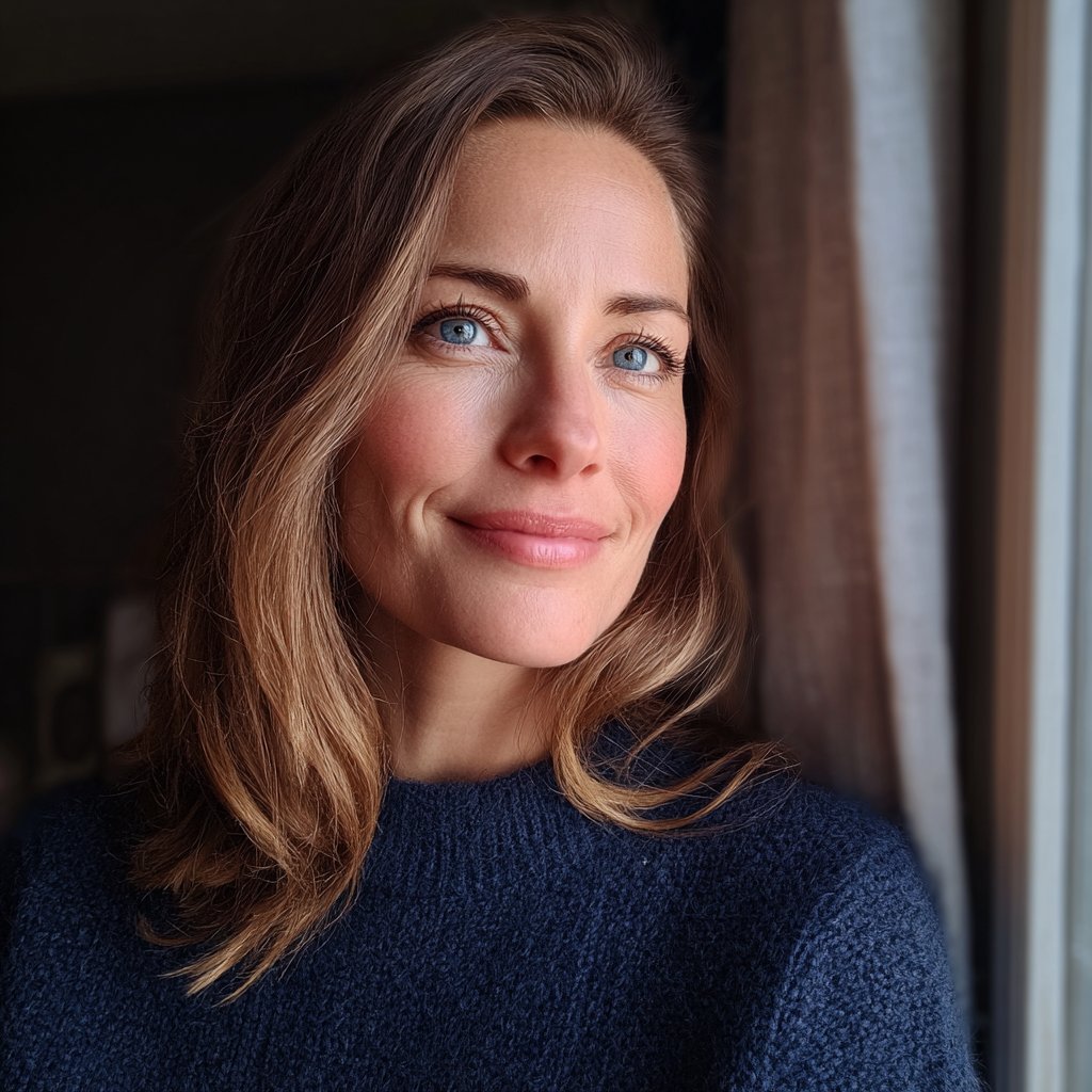 A smiling woman standing by a window | Source: Midjourney