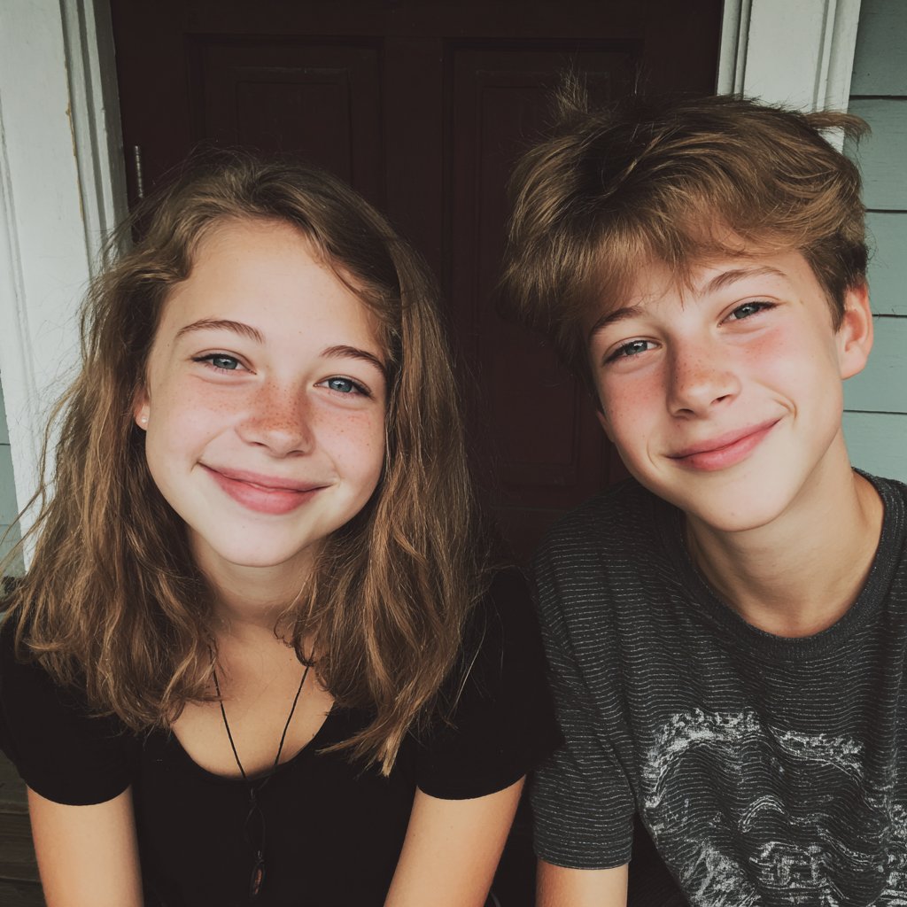 Siblings sitting on a porch step | Source: Midjourney