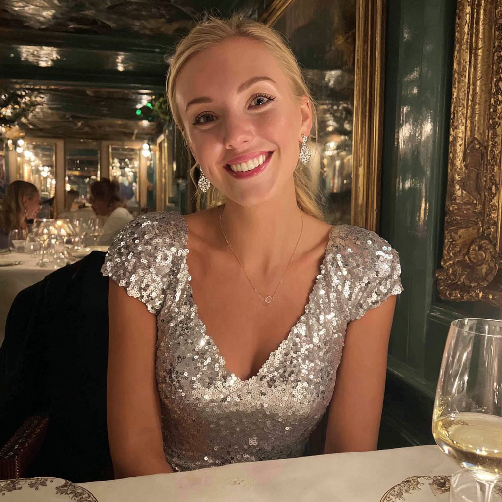 A smiling woman wearing a silver sequined dress | Source: Midjourney