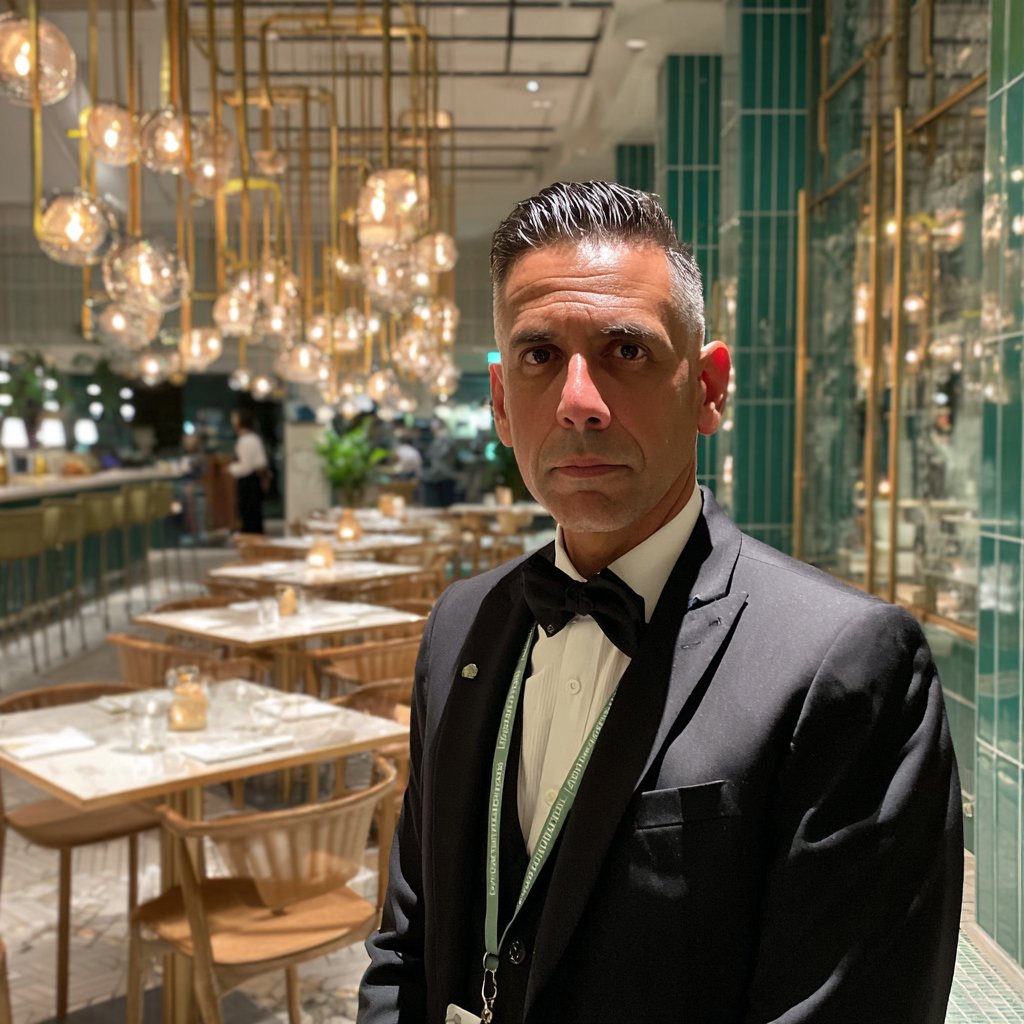 A restaurant manager wearing a black suit | Source: Midjourney