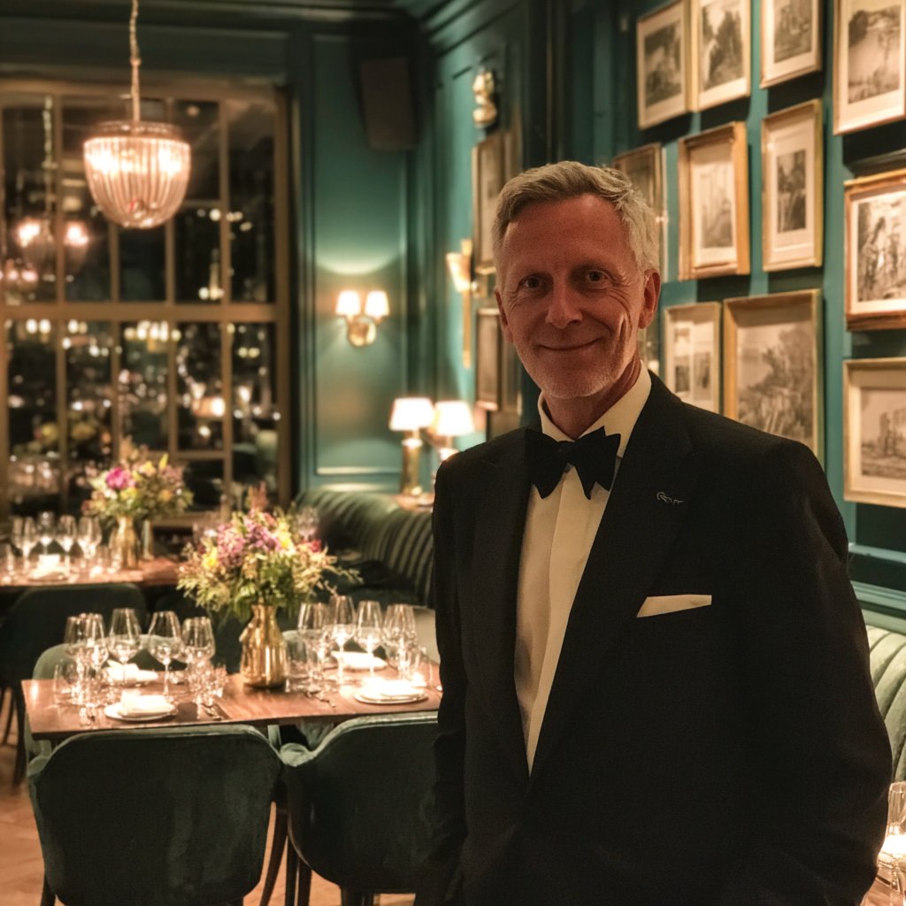 A smiling restaurant manager in a black suit | Source: Midjourney