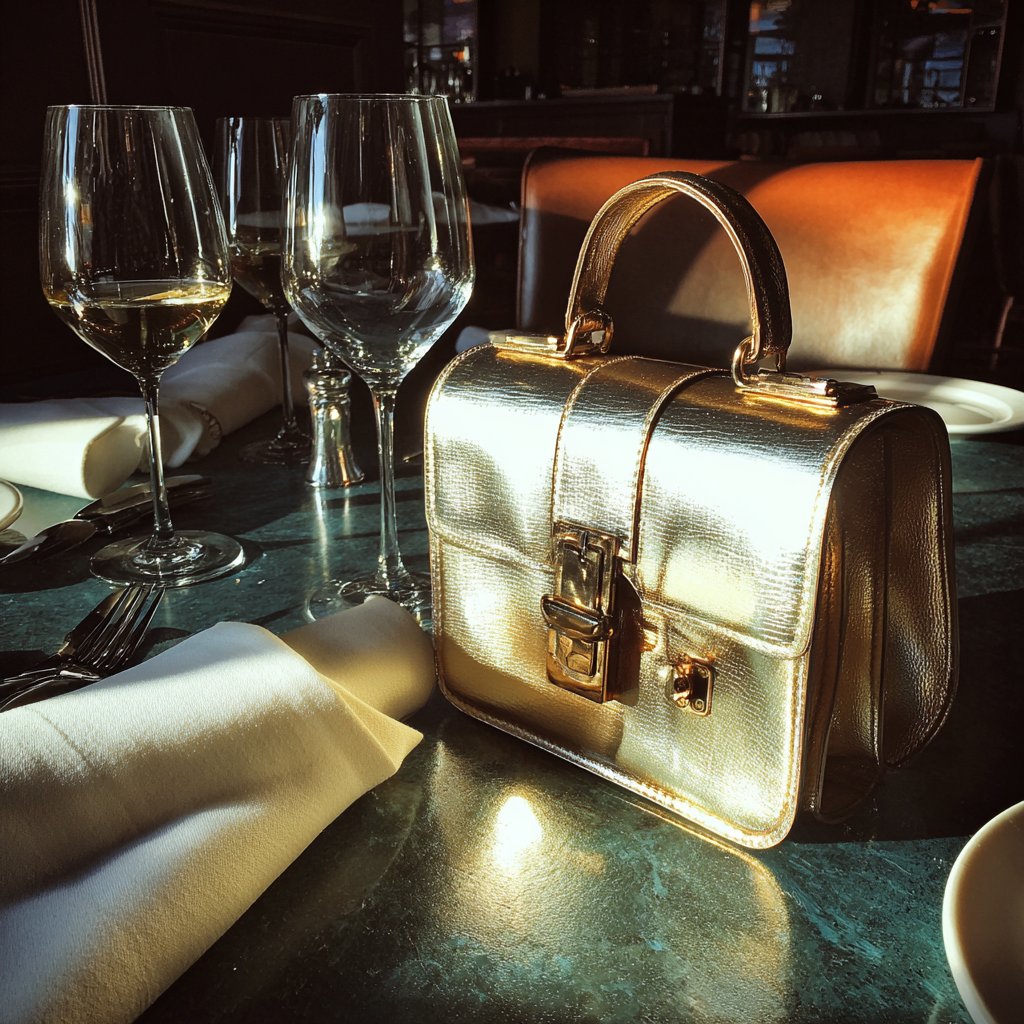 A gold handbag on a table | Source: Midjourney