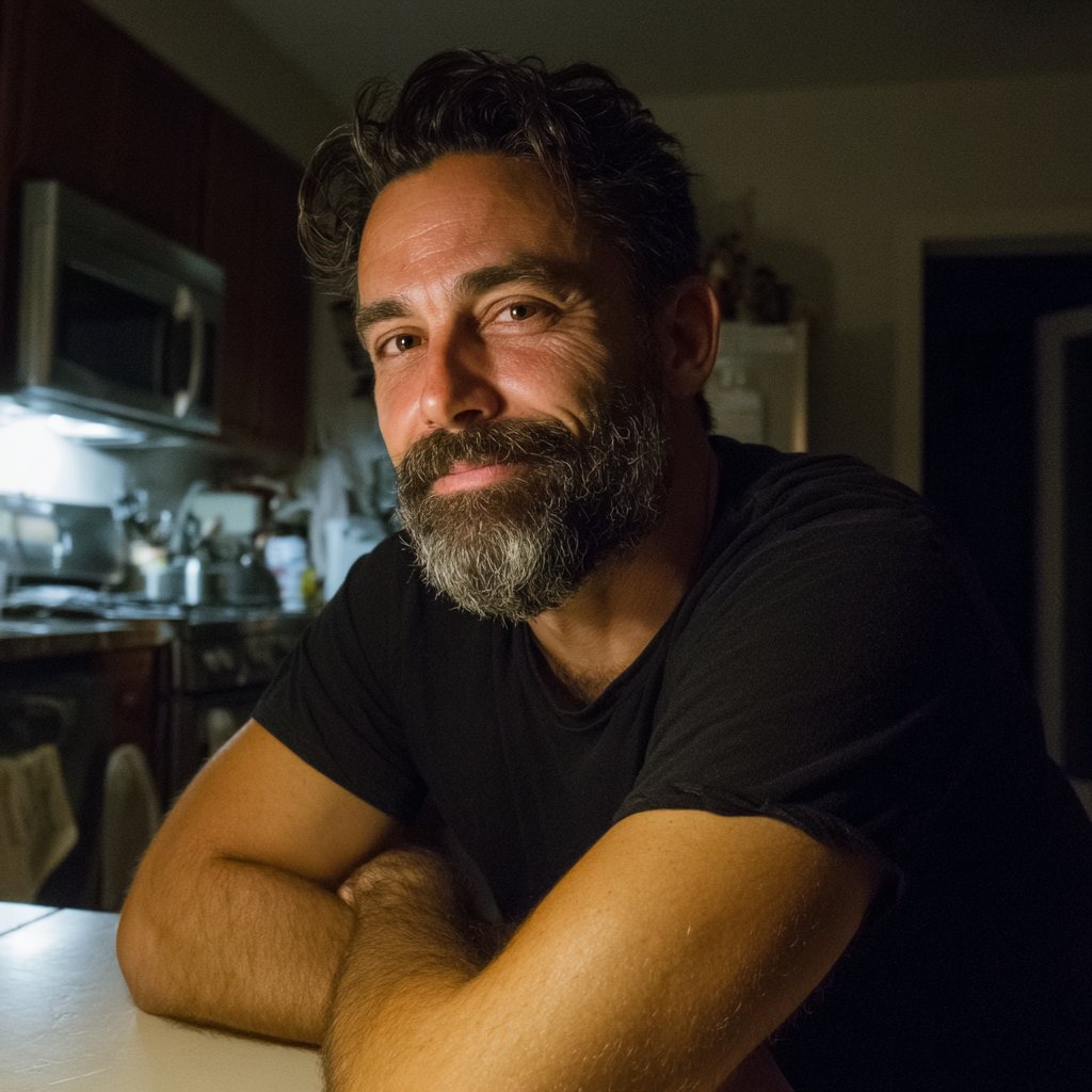 A smiling man sitting at a kitchen table | Source: Midjourney