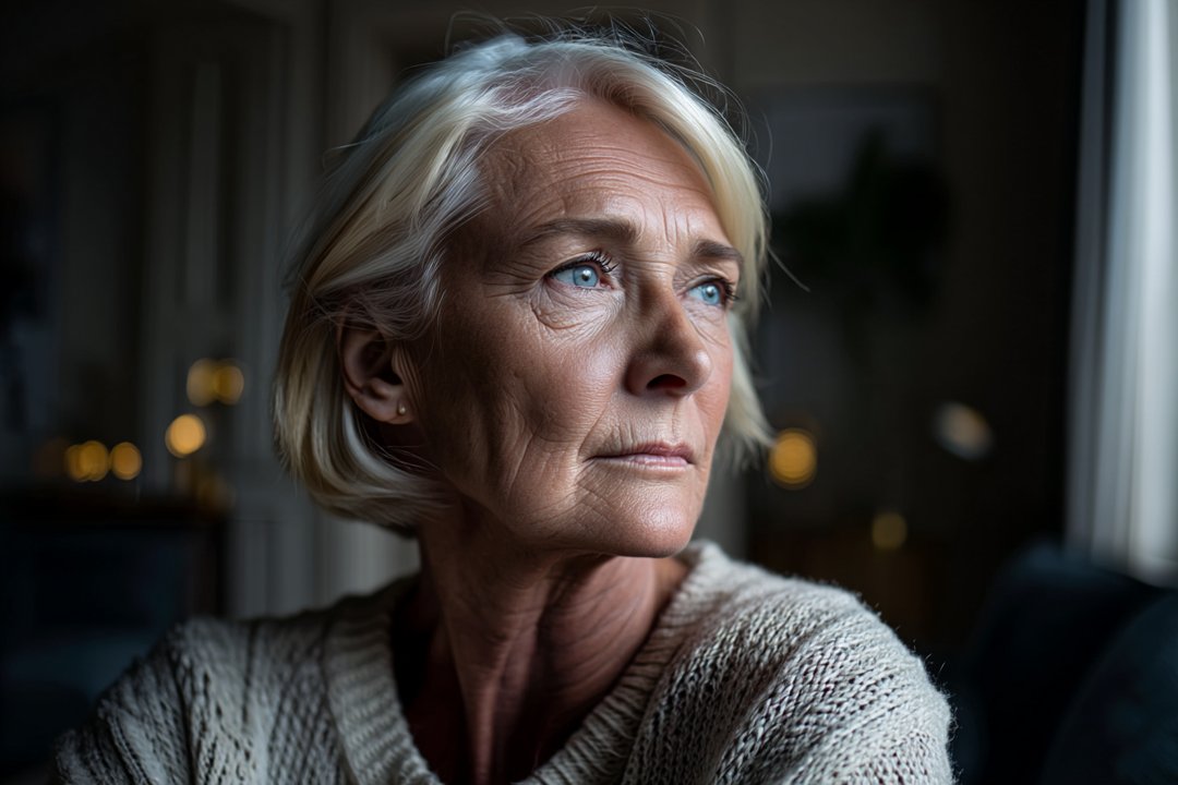 An older woman sitting on a couch | Source: Midjourney