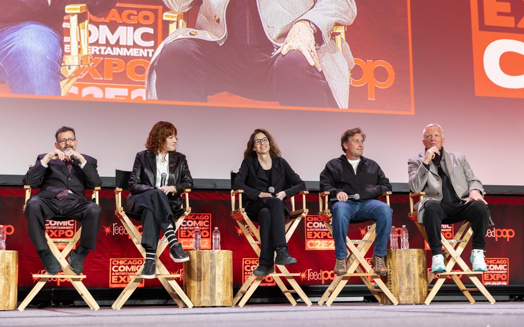 Judd Nelson, Molly Ringwald, Ally Sheedy, Emilio Estèvez and Anthony Michael Hall during C2E2 on the main stage for the