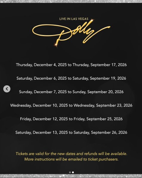 Dolly Parton's Las Vegas shows announcement displaying when the original dates have been postponed to, posted on September 28, 2025. | Source: Instagram/dollyparton