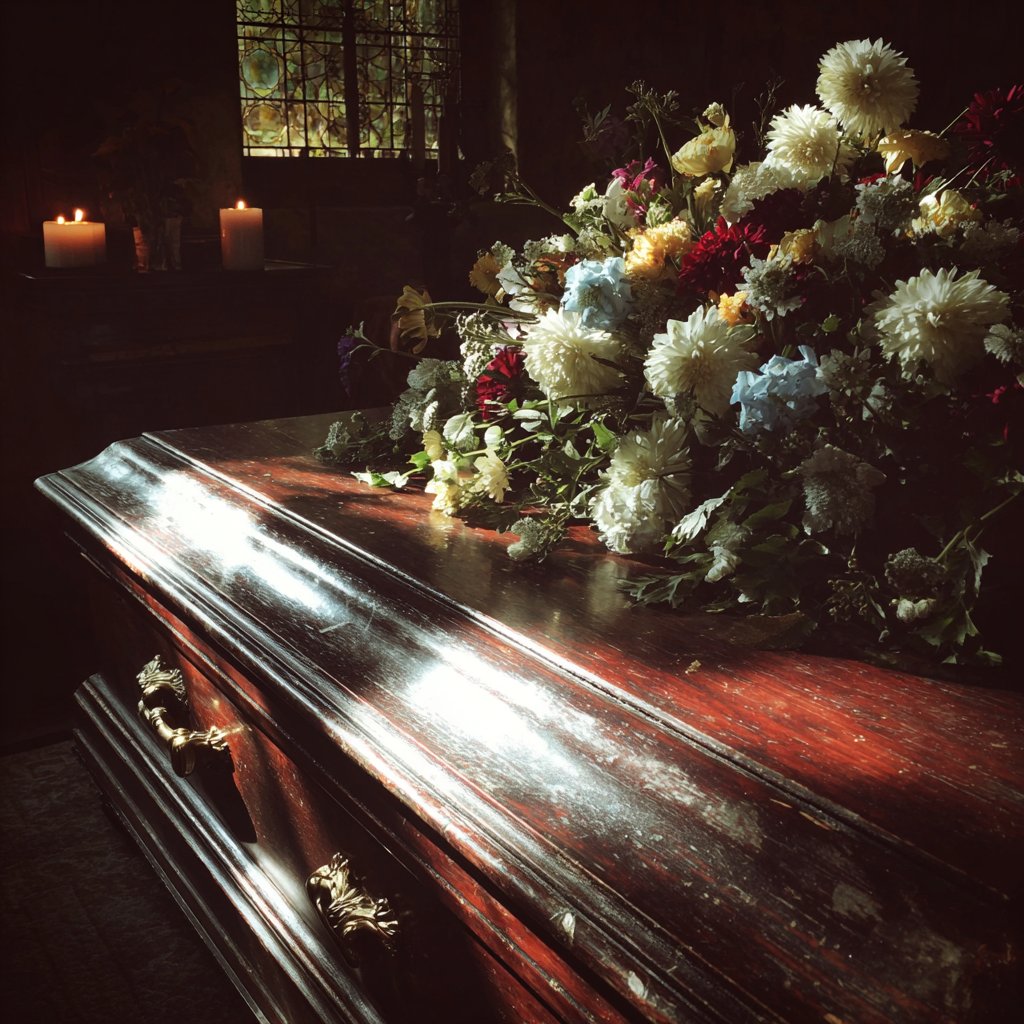 A bouquet of flowers on a casket | Source: Midjourney