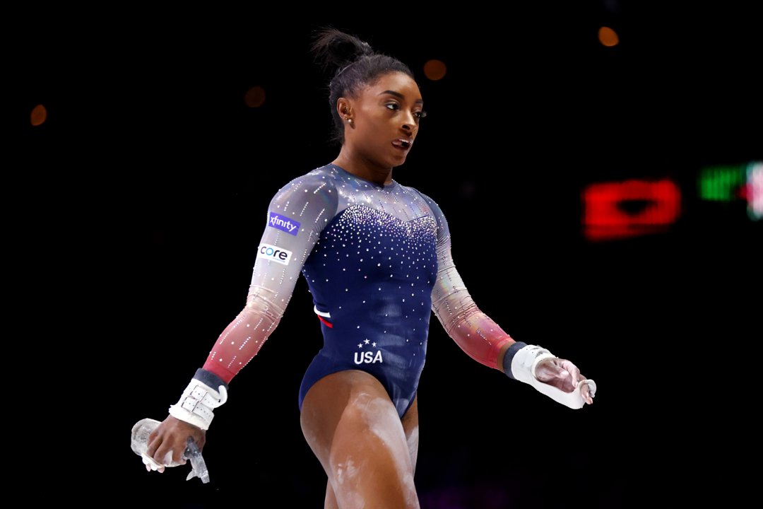 Simone Biles looks on after her routine on the Uneven Bars during the Women's Team Final on Day Five of the Artistic Gymnastics World Championships on October 4, 2023 | Source: Getty Images