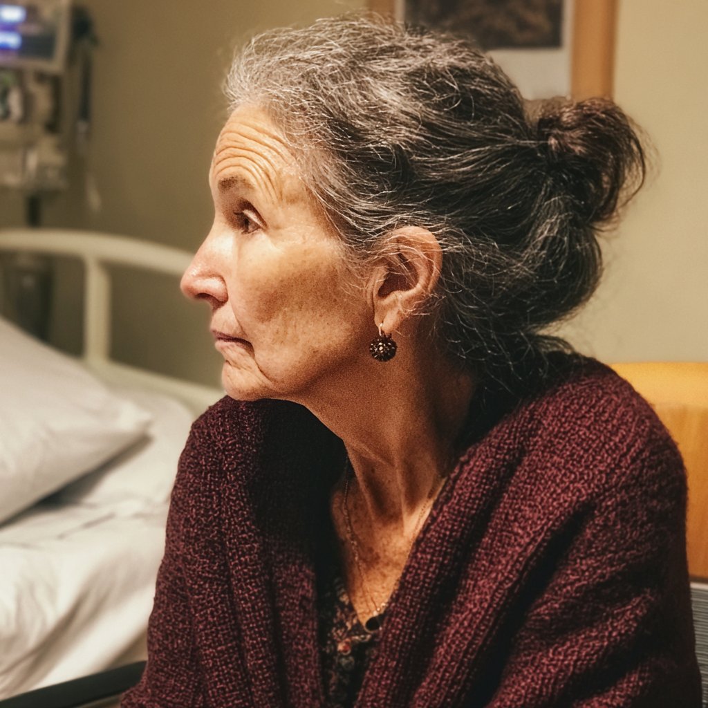 A concerned woman sitting in a hospital room | Source: Midjourney