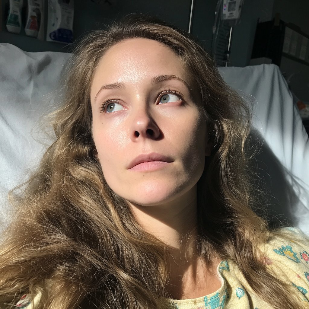 A pensive woman lying in a hospital bed | Source: Midjourney