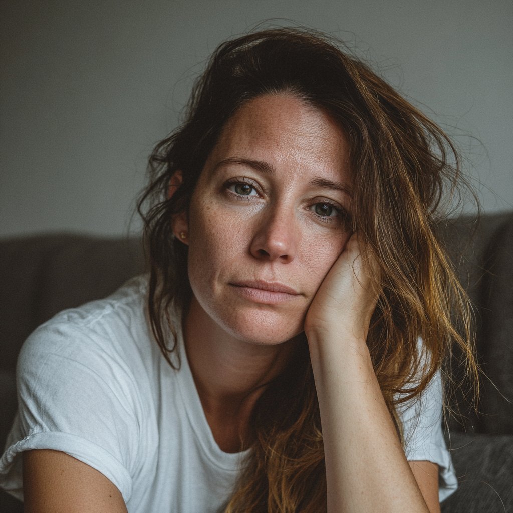 An emotional woman sitting on a couch | Source: Midjourney