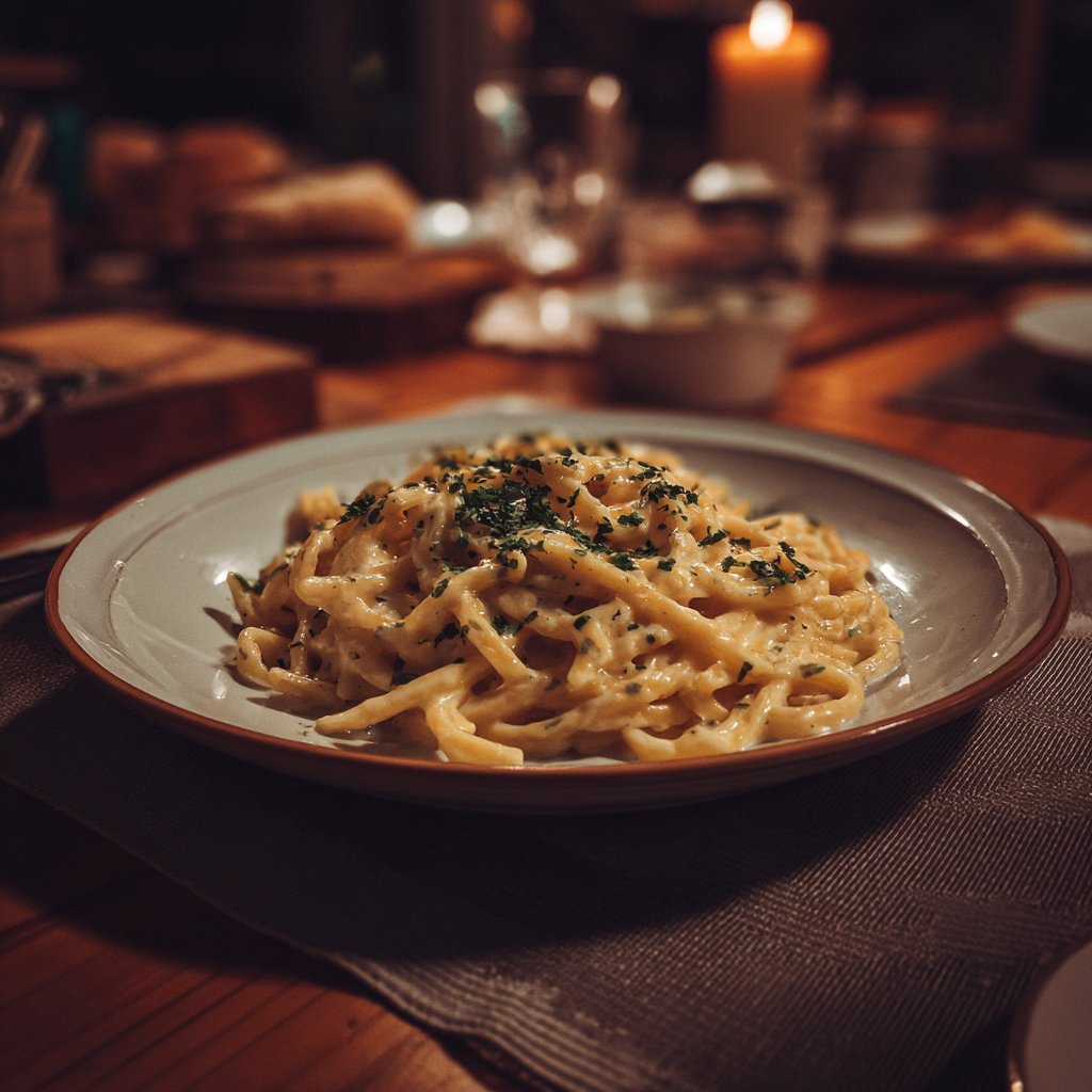 A plate of pasta on a table | Source: Midjourney