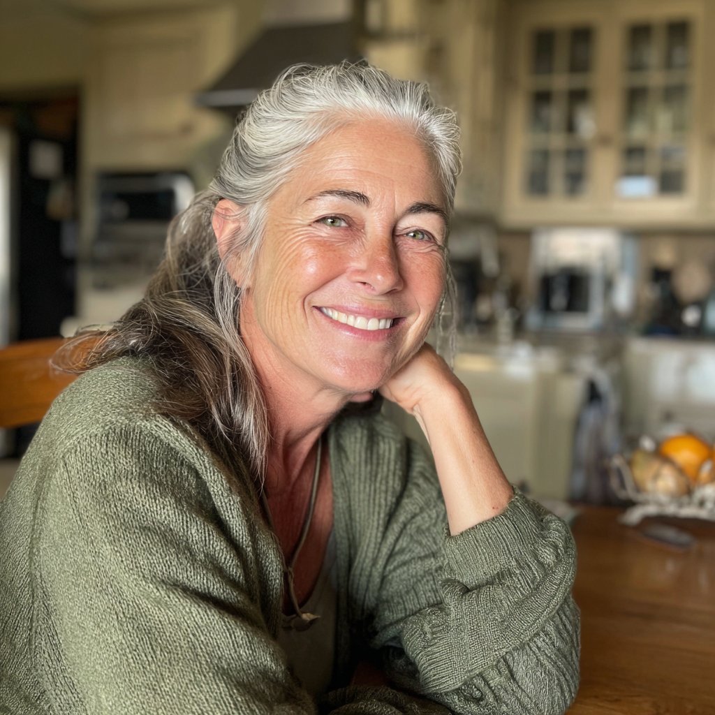 A smiling woman sitting at a table | Source: Midjourney
