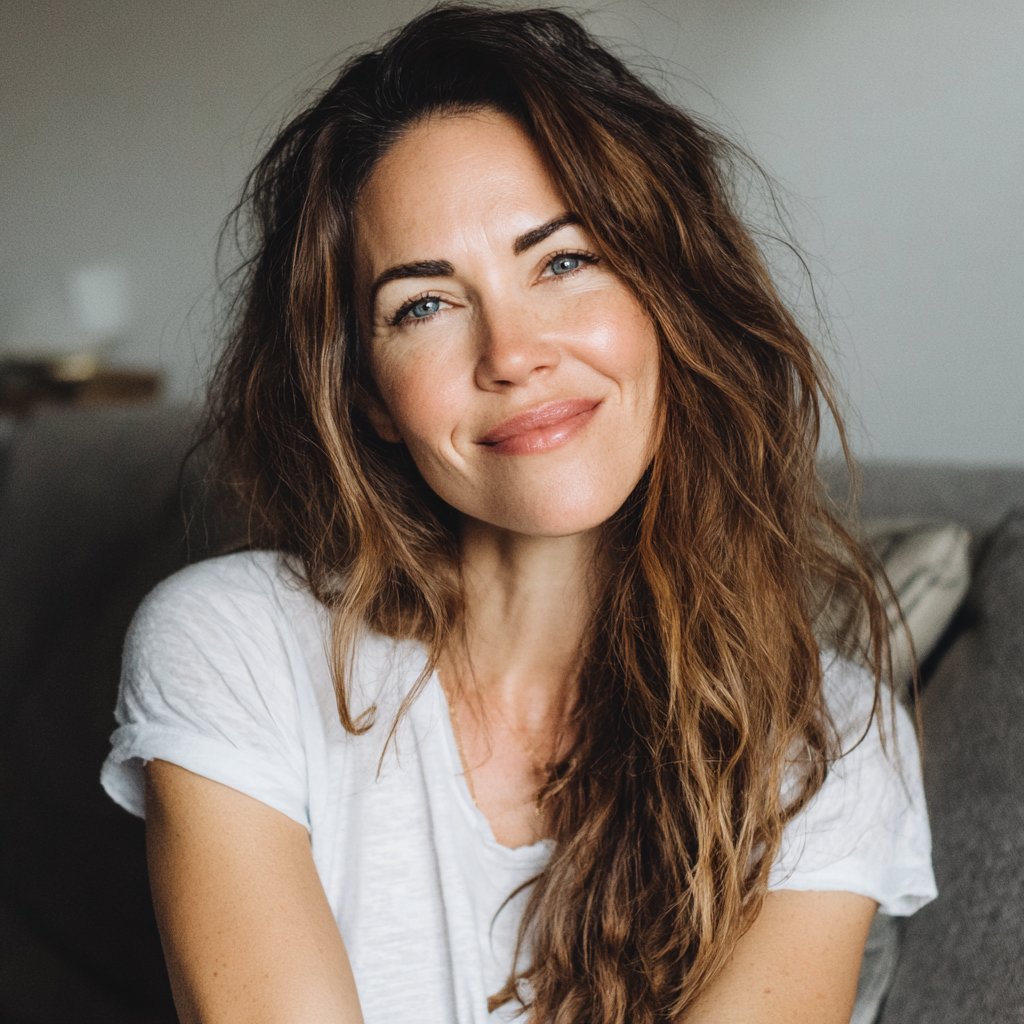 A smiling woman sitting on a couch | Source: Midjourney