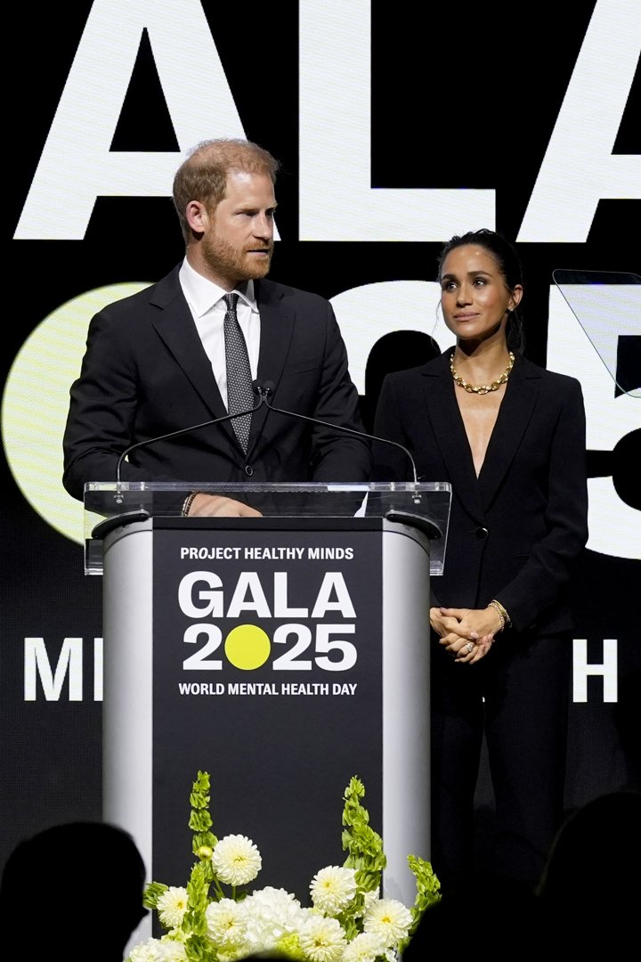 Prince Harry and Meghan Markle speak onstage the Project Healthy Minds World Mental Health Day Gala in New York City on October 9, 2025 | Source: Getty Images