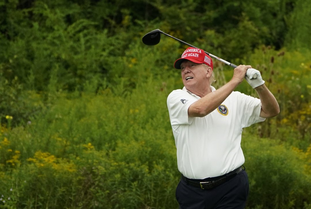 Donald Trump plays golf during the Official Pro-Am Tournament ahead of the LIV Golf Invitational Series event at Trump National Golf Club Bedminster in Bedminster, New Jersey, on August 10, 2023 | Source: Getty Images