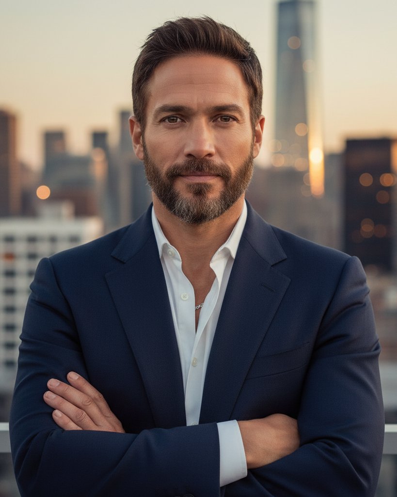 In the AI version of her reimagined as a man, Lopez becomes a sharp, clean-cut heartthrob with neatly styled dark hair, a close-cropped beard, and defined cheekbones. Dressed in a tailored navy suit against an urban skyline, he carries a confident, business-casual charm that mirrors the poise and presence of the original. | Source: Gemini