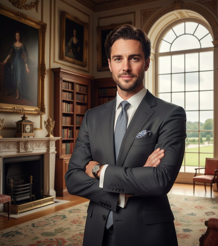 Reimagined as a man, Middleton transforms into a striking figure of classic British elegance. With perfectly groomed dark hair, a strong brow, and chiseled bone structure, he commands the room in a tailored suit. The regal air remains — only now, with sharper angles and a more assertive gaze. | Source: Gemini
