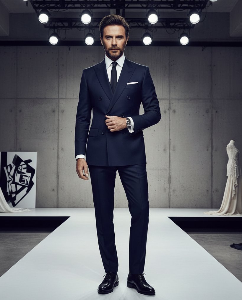 In a full-length reinterpretation, Beckham steps onto a minimalist runway in a double-breasted navy suit, looking every bit the style mogul. With perfect posture and a sharp jaw, he owns the space — less rock star, more designer-in-chief. | Source: Gemini