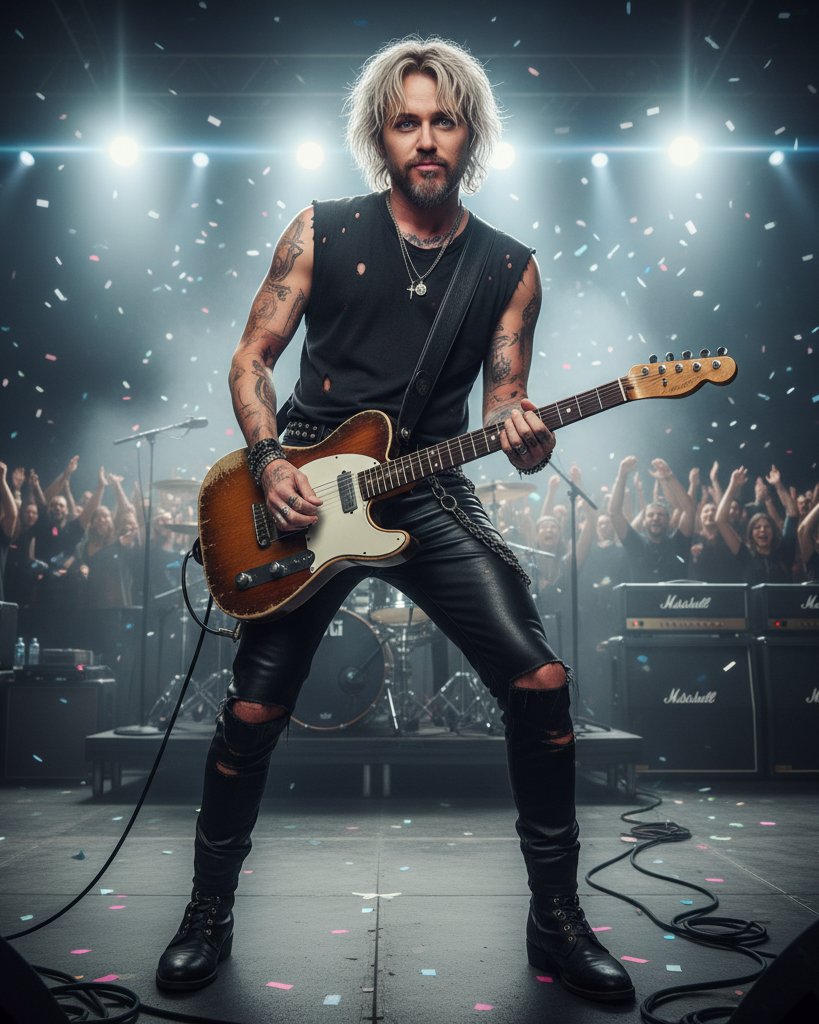Transformed into her male counterpart, Cyrus becomes a tattooed, stage-owning frontman with platinum shaggy hair, a chiseled face, and just the right amount of attitude. Dressed in torn black leather and gripping a guitar, he’s the kind of performer who doesn’t just play the show — he is the show. | Source: Gemini