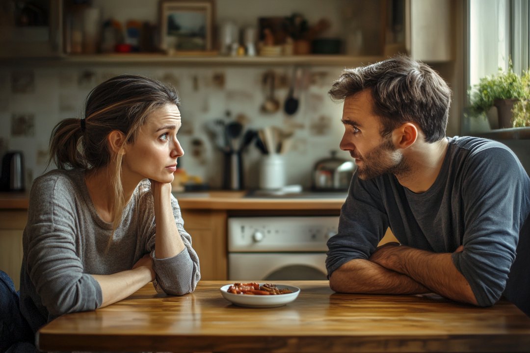 A couple speaking at a kitchen table | Source: Midjourney