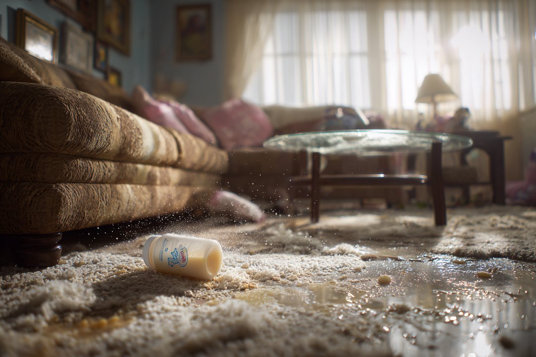 Milk spilled across the carpet and floor of a living room | Source: Midjourney