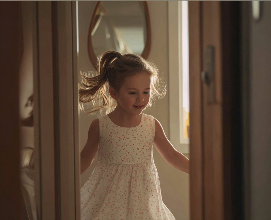 A smiling little girl wearing a white dress | Source: Midjourney