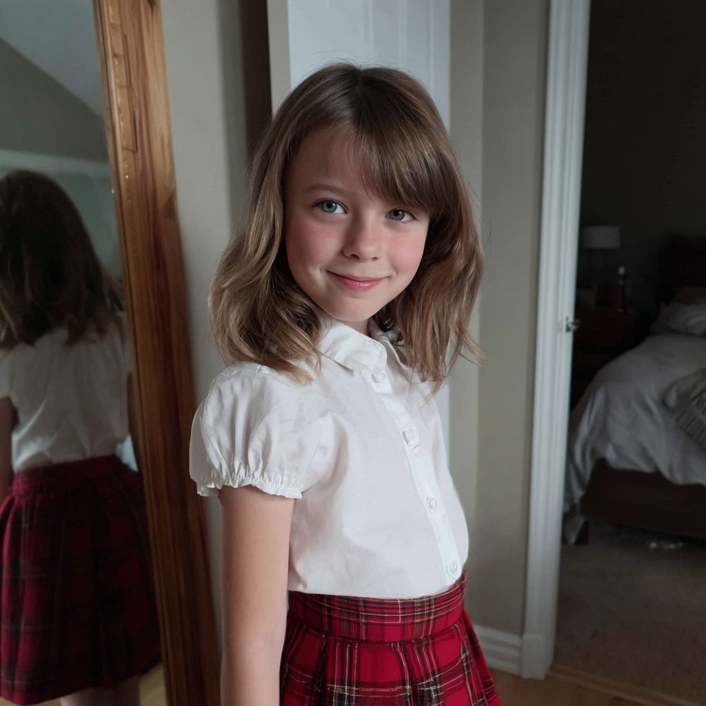 A smiling little girl wearing a plaid skirt | Source: Midjourney