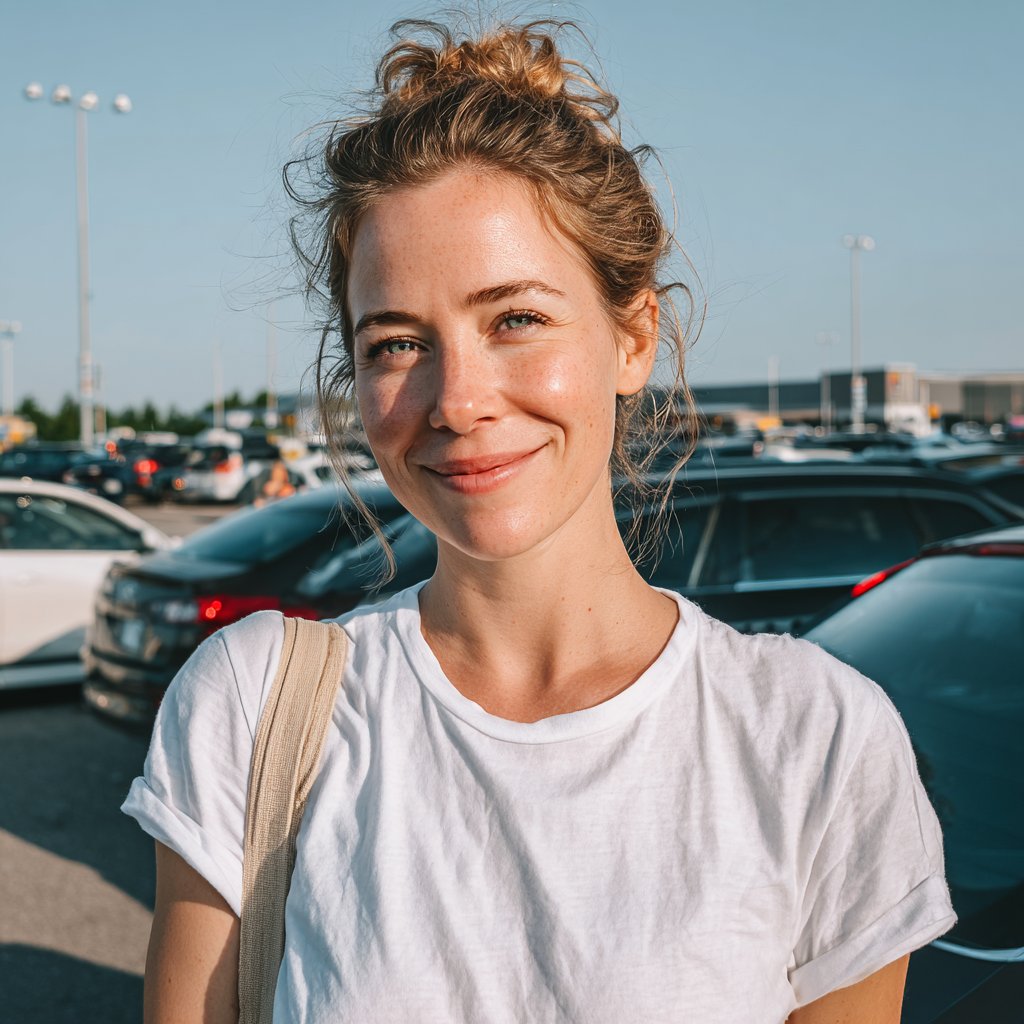 A smiling woman standing in a parking lot | Source: Midjourney
