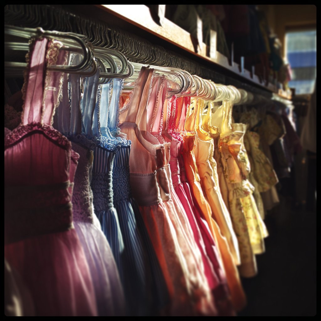 A row of dresses in a store | Source: Midjourney