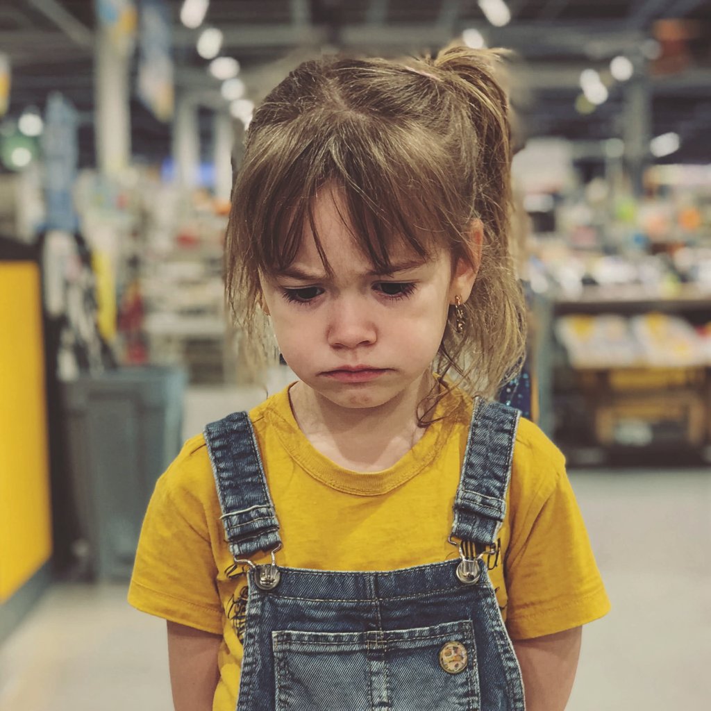 A frowning little girl in denim dungarees | Source: Midjourney