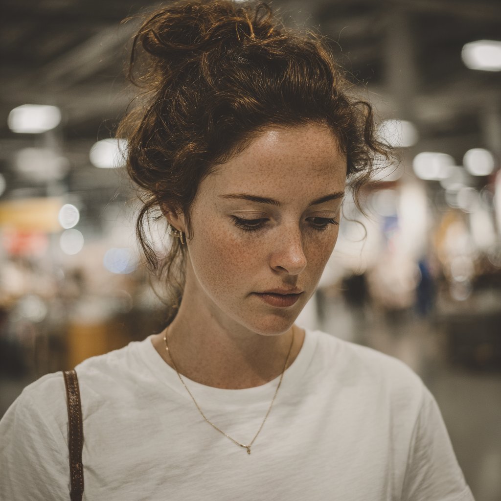 An upset woman looking down at the ground | Source: Midjourney