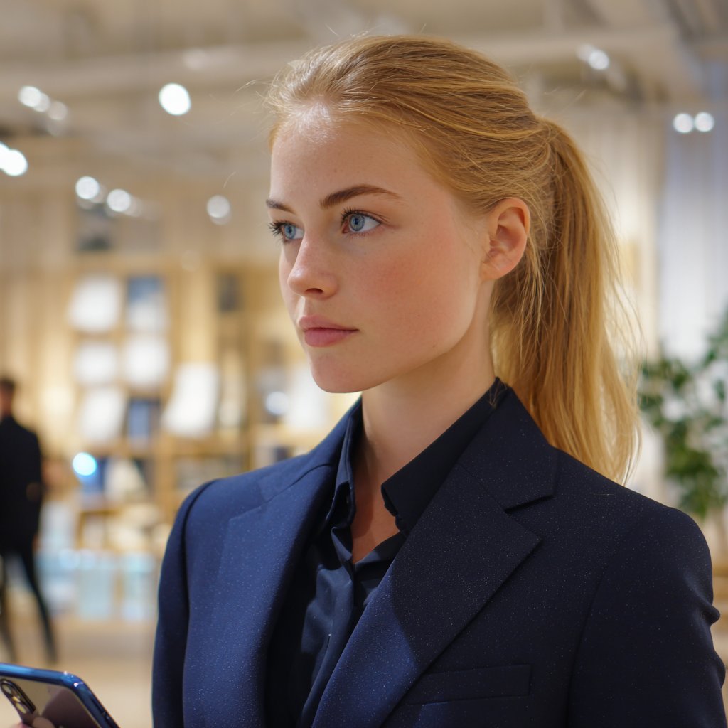A stern woman wearing a navy suit | Source: Midjourney