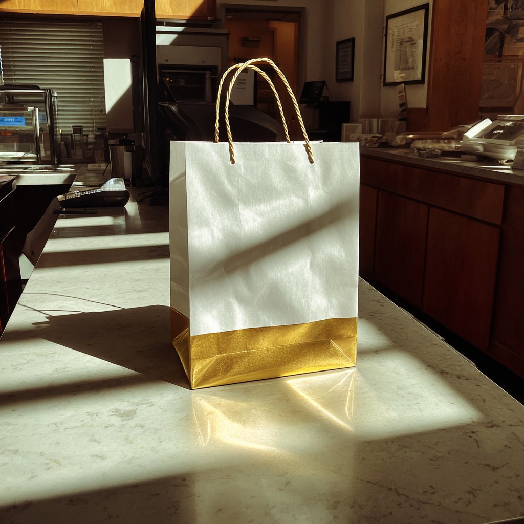 A gift bag on a counter | Source: Midjourney