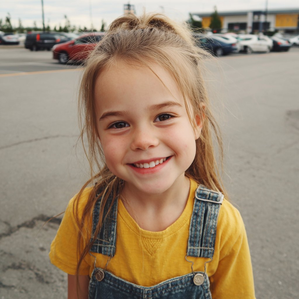 A smiling little girl standing in a parking lot | Source: Midjourney