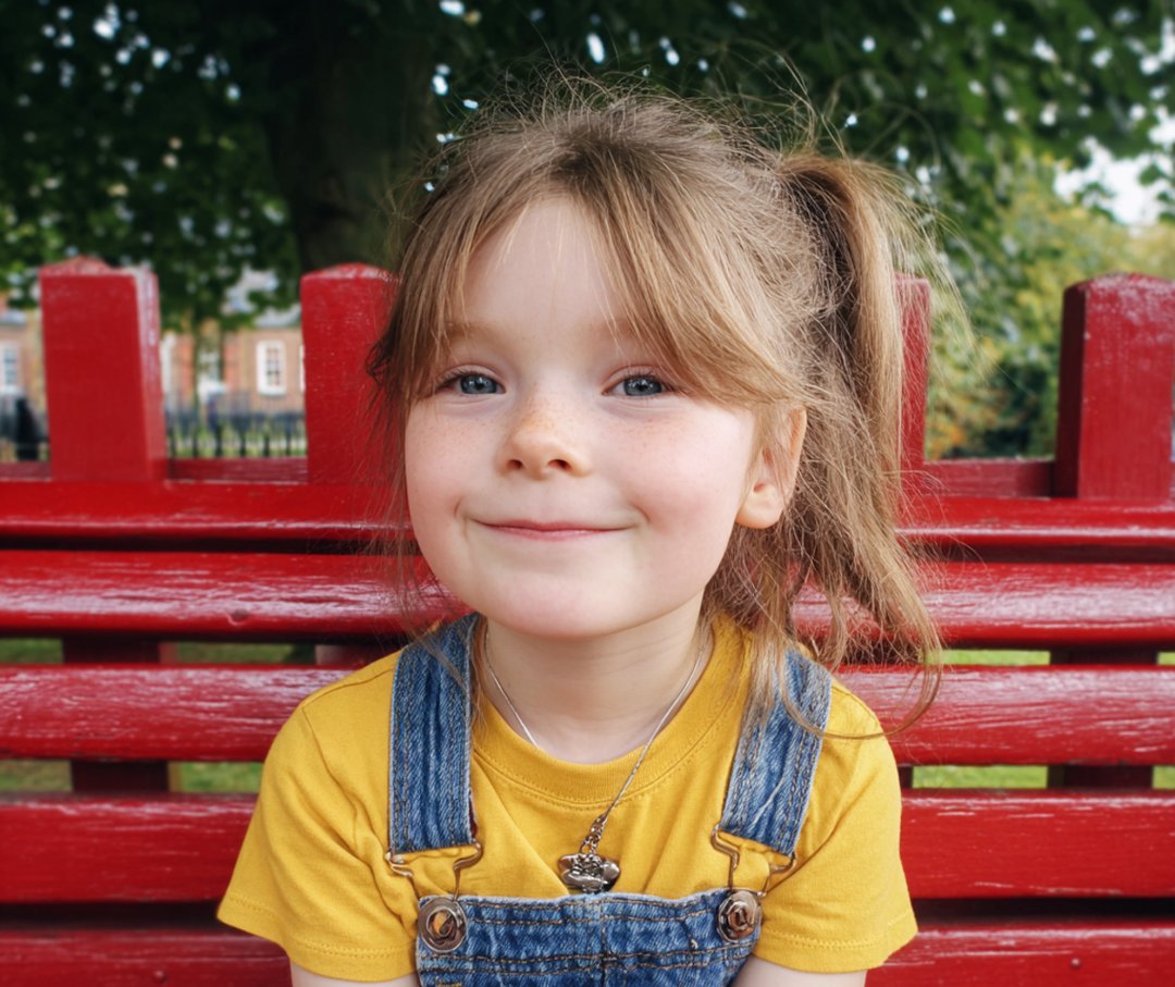 A smiling little girl sitting on a bench | Source: Midjourney