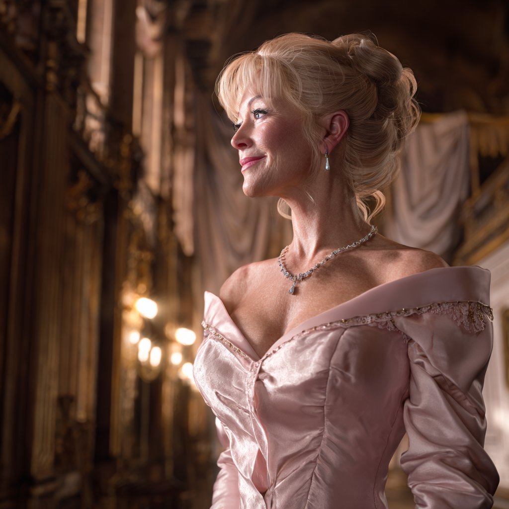 A delighted senior woman in a pink satin gown | Source: Midjourney