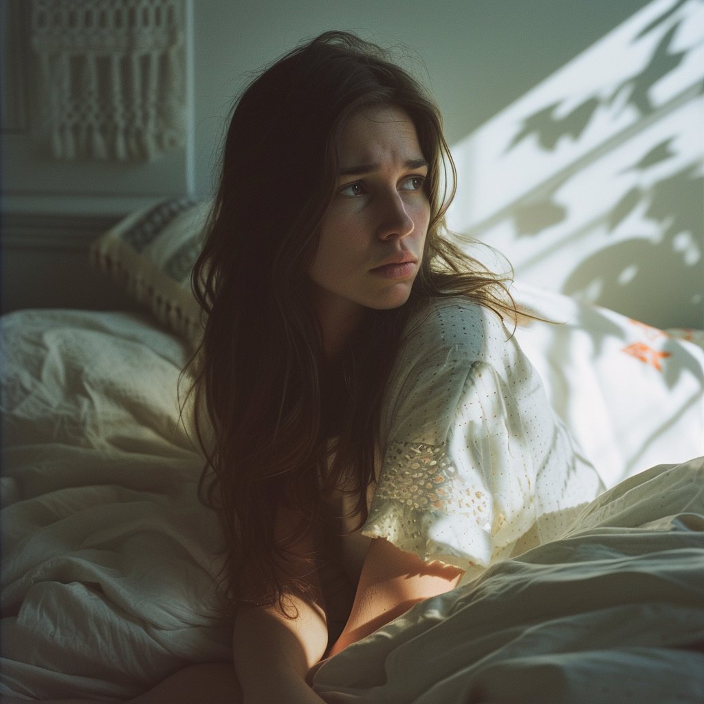 A woman sitting in bed | Source: Midjourney